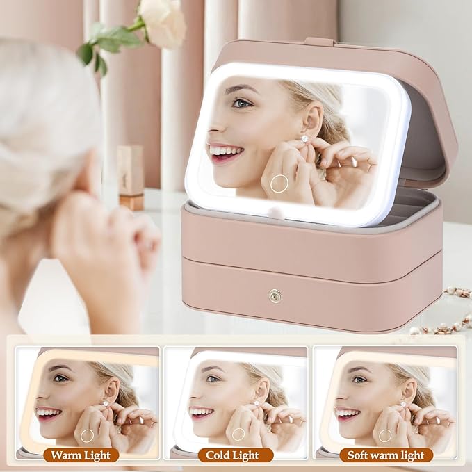 Travel Jewelry Case with LED Lighted Mirror, Personalized Birthday Gifts for Women Girls Kids, 2-Layer Portable Travel Jewelry Organizer, Travel Essentials (Autumn Apricot)