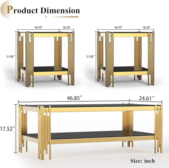 Glass Gold Coffee Table Set of 2,Modern Coffee Table and End Table w/Storage,Glass Coffee Table Set with Stainless Steel Frame,2 Pieces Living Room Table Set for Apartment Home Office