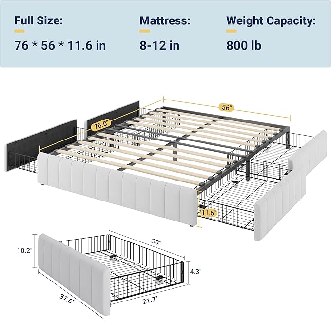 Allewie Full Size Platform Bed Frame with 4 Large Storage Drawers, Velvet Vertical Channel Tufted Upholstered Bed Base, Wooden Slats Support, Noise-Free, No Box Spring Needed, Easy Assembly, White