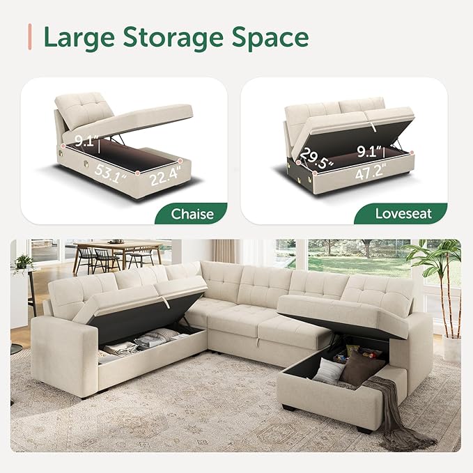 HONBAY Sectional Sleeper Sofa Pull Out Couch, U Shaped Sectional Couch with Storage Chaise, Sofa Bed for Living Room, Beige