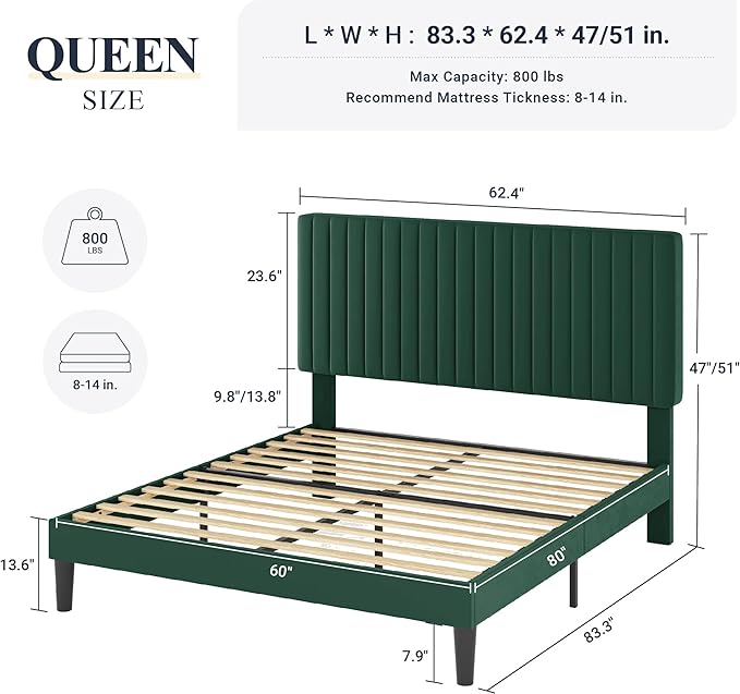 Allewie Queen Bed Frame, Velvet Upholstered Platform Bed with Adjustable Vertical Channel Tufted Headboard, Mattress Foundation with Strong Wooden Slats, Box Spring Optional, Easy Assembly, Green