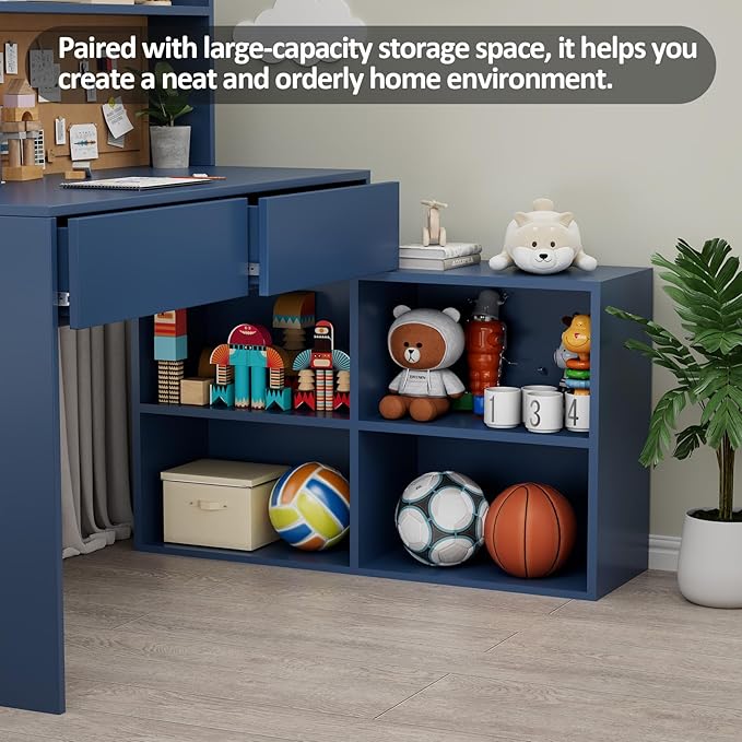 Blue Wooden Kids Desk and Chair Set,RUPOLX Kids Study Table and Chair Set with 2 Drawers & 4 Cabinets, Kids Study Desk with Removable Large Storage Cabinet,Girls Study Desks for Kid for Bedroom-NTU9XC