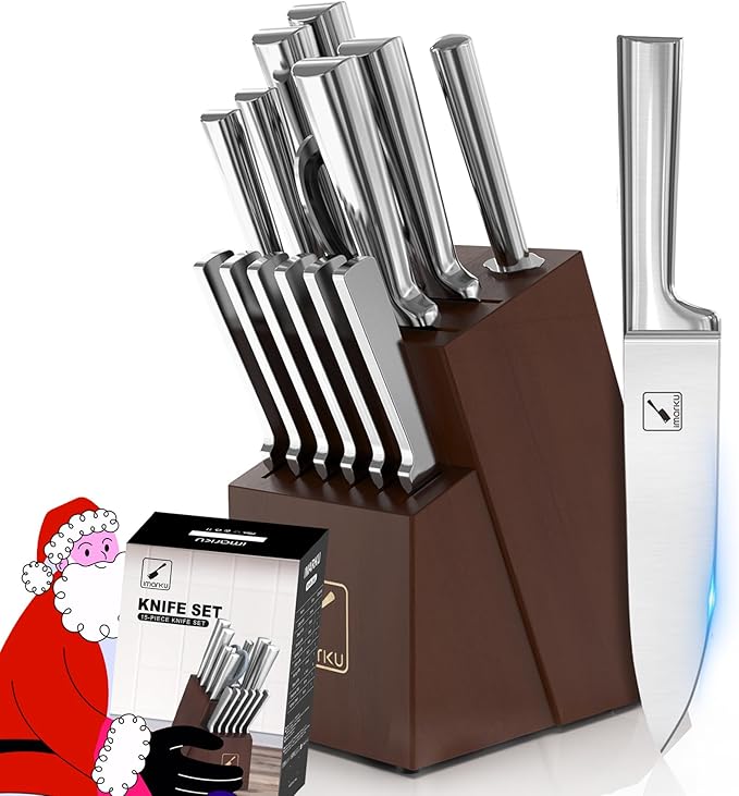 Knife Set - imarku Kitchen Knife Set 15 Piece Japanese Stainless Steel Knife Block Set with Sharpener - Dishwasher Safe Kitchen Knives - Ultra Sharp Chef Knife Set for Kitchen, Silver
