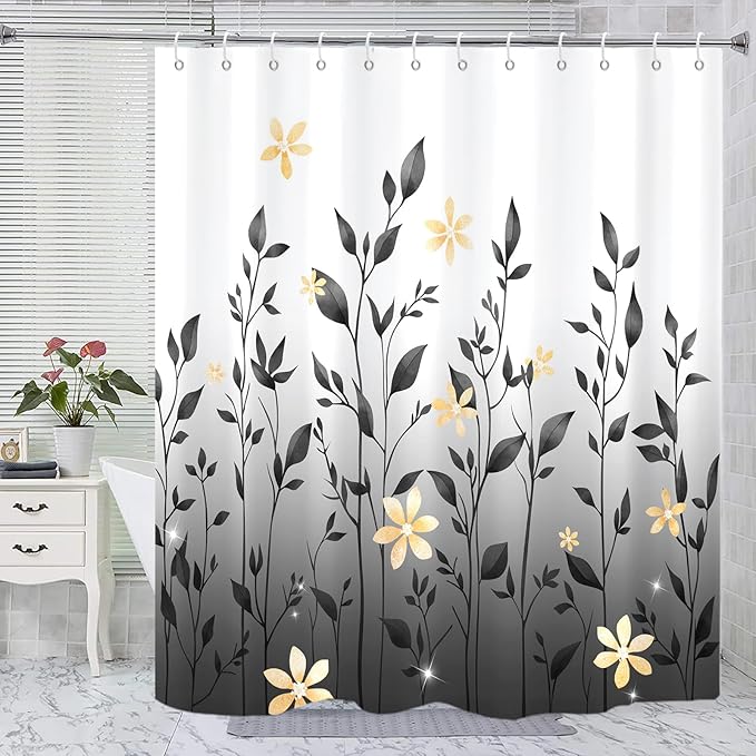 Eucalyptus Shower Curtain, Ombre Floral Leaves Plant Washable Fabric Bath Decor with 12 Hooks 72x72 inches, Black