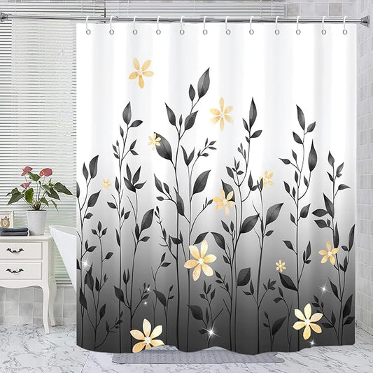 Eucalyptus Shower Curtain, Ombre Floral Leaves Plant Washable Fabric Bath Decor with 12 Hooks 72x72 inches, Black