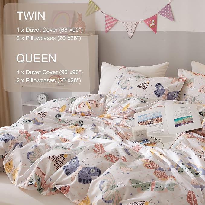 Ivellow Queen Duvet Cover Set 100% Cotton Butterfly White Duvet Cover for Kids Cute Bedding Set 3Pcs Ultra Soft Breathable Kids Duvet Cover Patterned Cartoon Comforter Cover Boys Girls Toddler Teen