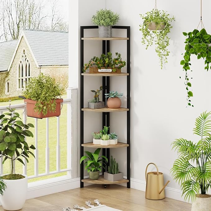 FATORRI Tall Corner Shelf, Industrial Corner Bookshelf, Wood and Metal Corner Shelf Stand for Living Room, Rustic Display Plant Stand for Home Office (Rustic Oak)