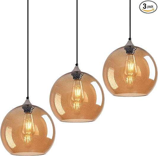 Amber Glass Pendant Lights Kitchen Island Globe Pendant Light Fixtures Modern Pendant Lighting for Bedroom Living Dining Room Light Fixture (9.84 in, 3 Pack)