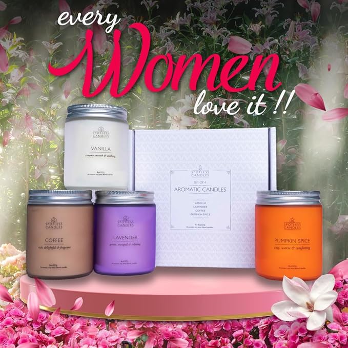 Candles for Women - 4 x 8oz Coloured Glass Jars 3" x4 Mixed Set of Classic Scents Pumpkin Spice, Coffee, Vanilla, Lavender 200 Hours Long Burn Time