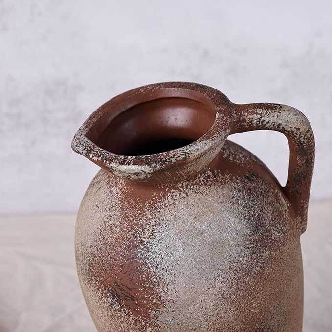 Rustic Farmhouse Ceramic Vase, 9.2" Tall Vintage Pottery Vases, Terracotta Decorative Boho Pampas Flower Vase, Suitable for Home Decor Living Room Entryway Table Bookshelf Mantle Shelf Decor