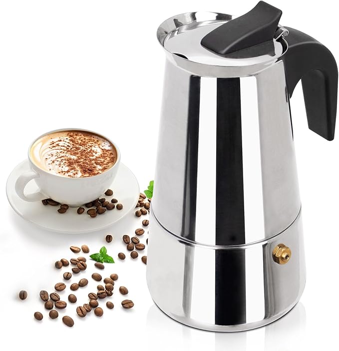 6 Cup 300ml Moka Pot Stainless Steel Espresso Coffee Maker Stovetop Percolator Coffeemaker Italian Classic Style Brewing Greca Cafe Mocha Machine for Cafeteras Lover Camping Travel and Home Use 10oz