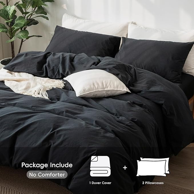 MooMee Bedding Duvet Cover Set 100% Washed Cotton Linen Like Textured Breathable Durable Soft Comfy (Solid Black, Cal King 104"x98")