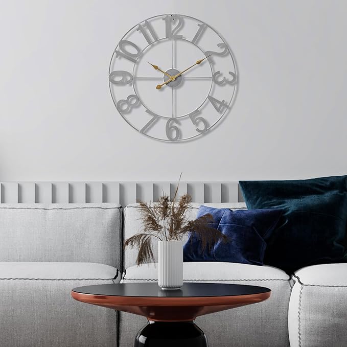 Sorbus 16-Inch Large Wall Clock – Decorative Silver Metal Clock with Gold Hands – Silent, Battery Operated, Modern Wall Decor for Living Room, Kitchen, or Office, Great Gift for Housewarming or Office