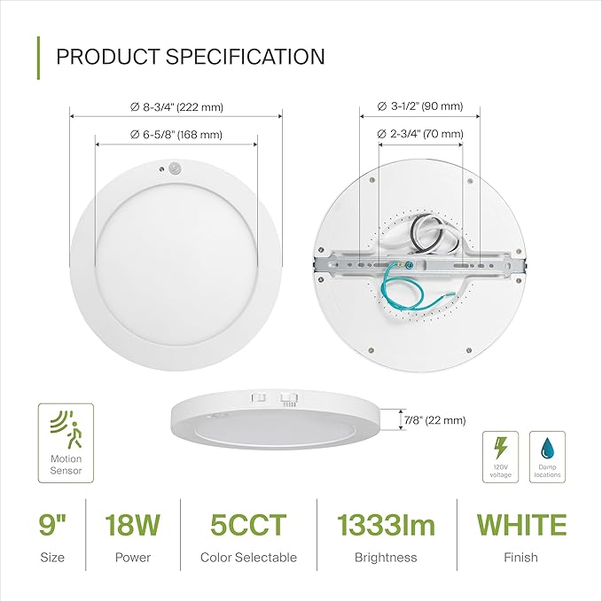ASD LED 9" Round Flush Mount Ceiling Light Fixture, Low Profile Surface Lighting | 5CCT, Motion Sensored, Ultra-Thin, ETL Listed | 15W 1300LM 2700-6000K 120V | Kitchen, Bedroom, Hallway Lamp | White