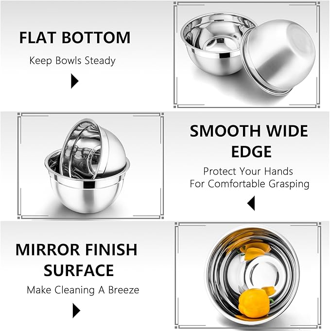 P&P CHEF Blue Mixing Bowls with Lids, Set of 3, Stainless Steel Salad Nesting Bowl for Mixing, Storing, Prepping, Airtight & Stackable, Size 4.6/3 /1.5 QT