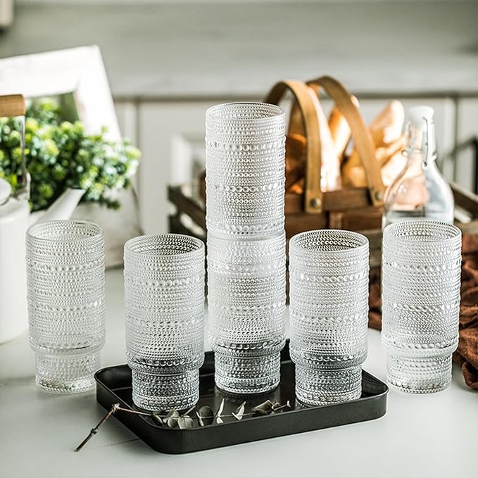 KEMORELA Set of 6 Hobnail Drinking Glasses with Cool Glassware Lid and Straw, 16oz XL Highball Bubble Cocktail, Old Fashioned Beverage Glasses, Romantic Water Glasses for Juice