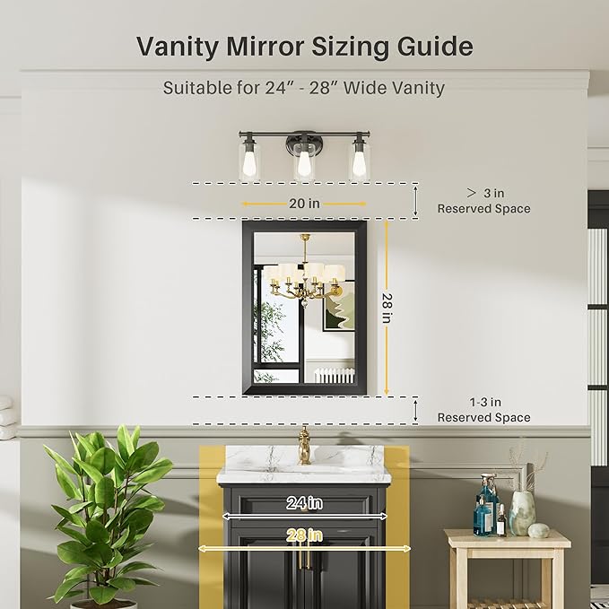 20x28 Inch Black Bathroom Mirror for Wall, Thick Metal Framed Rectangle Mirrors for Over Sink, Bedroom, Living Room, Entryway, Anti-Rust, HD Tempered Glass