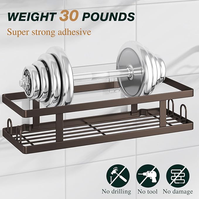 Adhesive Shower Caddy,Shower Shelves with Soap Holder and 12 Hooks,Rustproof No Drilling Bathroom Organizer and Storage,Bronze,3 Pack