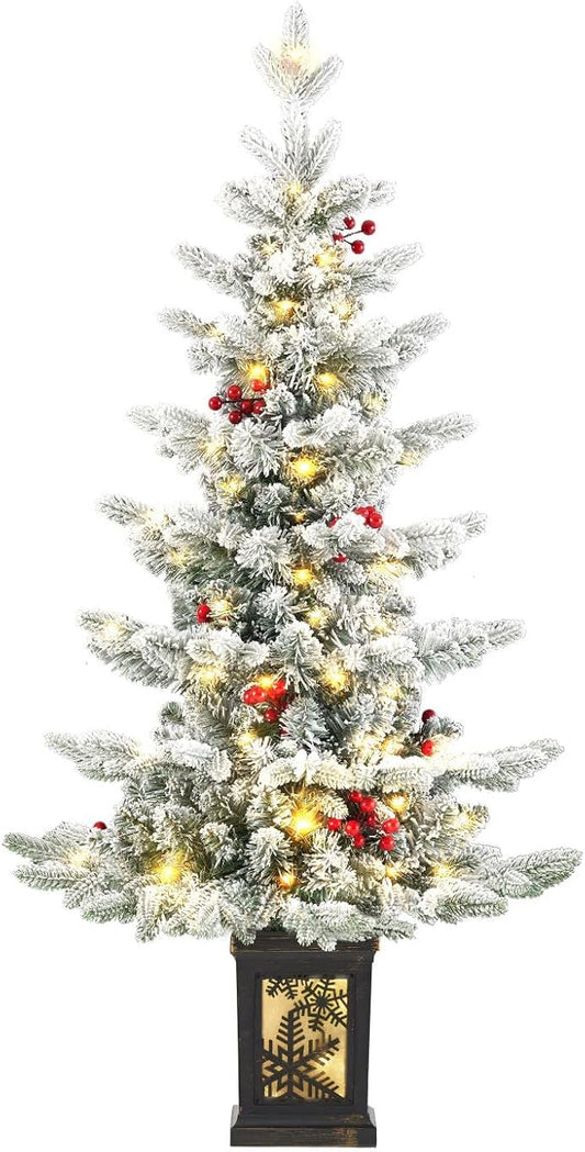 Small Pre-Lit Christmas Tree with LED Lights - 3.5FT Snow Flocked Ariticifial Tree with Vintage Snowflake Base, Battery Operated & Auto Timer for Home Office Xmas Decor