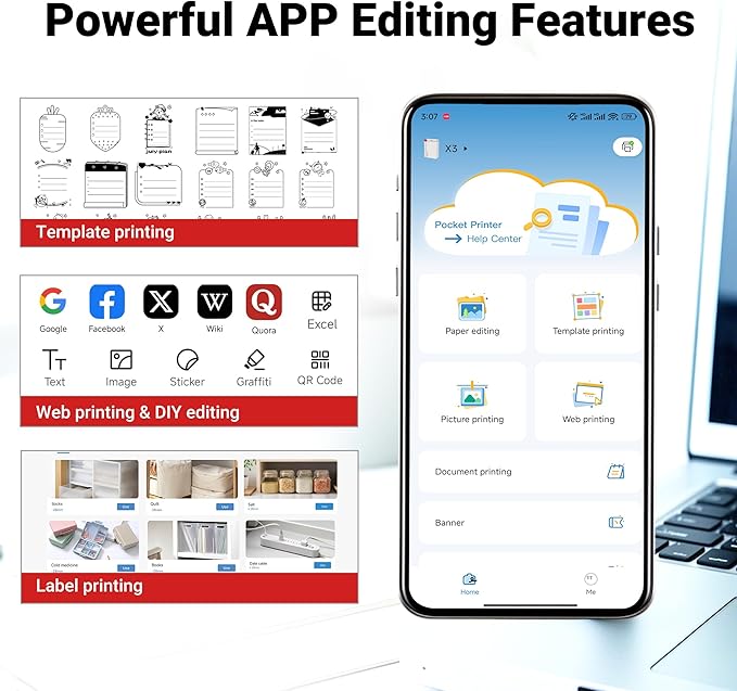 ORGBRO Mini Sticker Printer Machine, X3 Portable Thermal Sticker Maker with 3-Inch Stickers, Print Pod, Bluetooth Inkless Printer for Smartphones, Impresora Portátil for Notes, Journal, DIY, Kids Gift