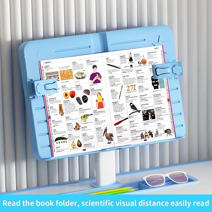 Study Desk Chair Set for Kids, Blue, Modern, Height Adjustable, Tiltable Reading Stand, Extra Large Drawer, LED Table Light