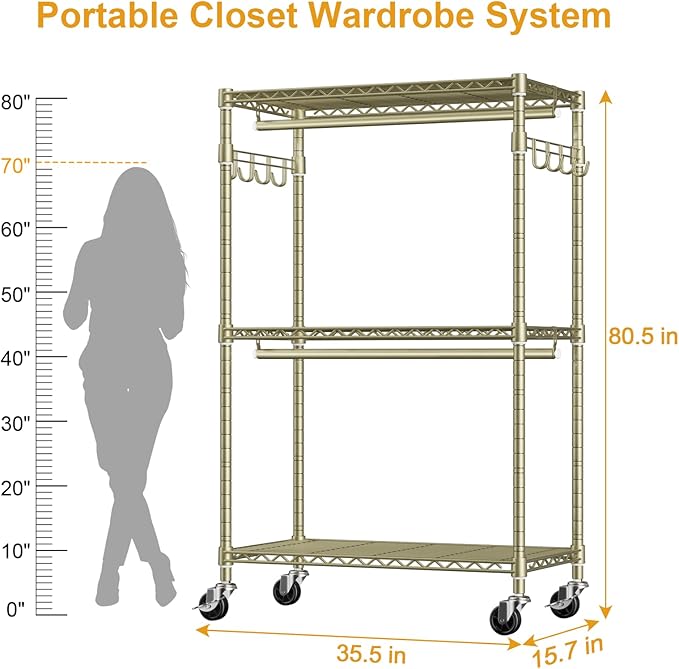 P1 Rolling Clothes Rack, Portable Wardrobe Closet with Wheels, Heavy-Duty Closet Clothing Rack for Hanging Clothes, 35.5" W x 15.7" D x 80.5" H, Hold 500lbs, Gold