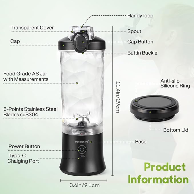 20 Oz Portable Blender for Shakes & Smoothies, 4000mAh Electric Juicer with 270W Motor, IP67 Waterproof, USB Fresh Juice Blender with 2 Mixing Modes for Travel & Gym, Black