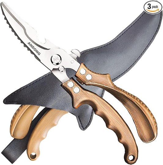 ANDONG Kitchen Shears - Heavy Duty Stainless Steel Poultry, Meat & Bone Scissors with Black Leather Sheath for Food