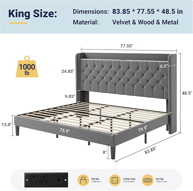 Allewie King Size Bed Frame, Storage Headboard with Charging Station, Wingback Velvet Upholstered, Diamond Stitched Button Tufted, Sturdy Wooden Slats, No Box Spring Needed, Easy Assembly, Grey