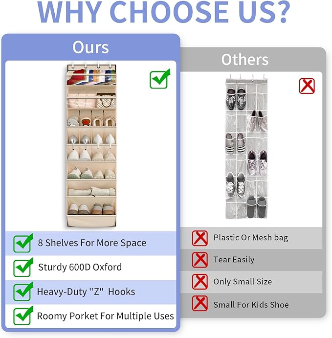 FENTEC 1 Pack Over The Door Shoe Organizer, 68" Exlarge Deep Pockets Hanging Shoe Organizers, 8-Tier Shoe Rack for Closet, Shoe Holder for Boots,Over Door Organizer in Home, RV, Dorm, Beige