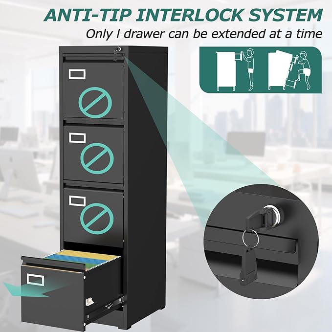 GREATMEET 4 Drawer File Cabinet with Lock, Small Metal File Cabinets for Home Office 4 Drawer, Black Vertical Filing Cabinets for Letter/Legal/A4/F4 Size File,Assembly Require