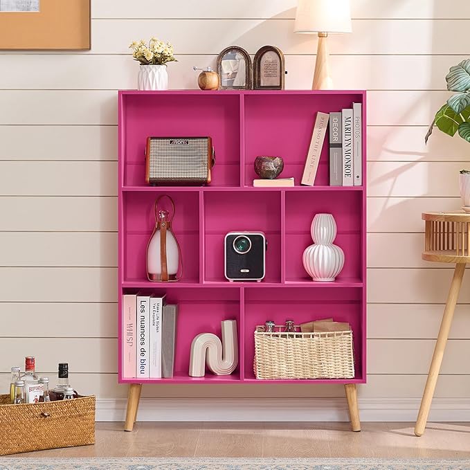 LEYAOYAO 7 Cube Bookshelf,3 Tier Book Shelf with Legs,Pink Modern Bookshelf,Large Freestanding Open Toy Modern Bookshelves,Display Bookcases Decor Furniture for Nursery