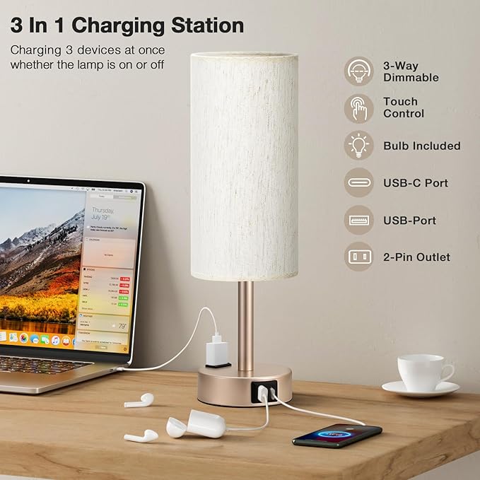 Bedside Table Lamp for Bedroom - 3 Way Dimmable Touch Lamp USB C Charging Ports and AC Outlet, Small Lamp Gold Base Round Flaxen Fabric Shade for Living Room, Desk, LED Bulb Included