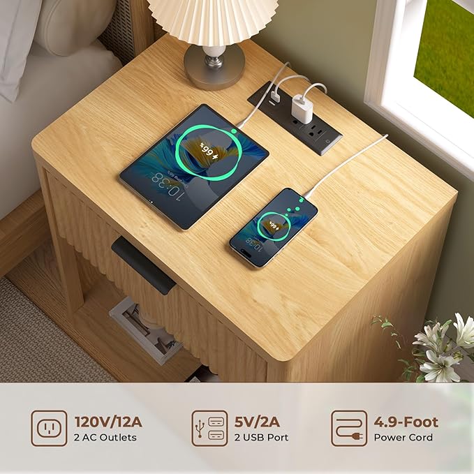 HOMMPA 22'' Fluted Nightstand with Charging Station, Modern Bedside Table w/Storage, End Table w/Drawer & Open Compartment, Wooden Bedside End Table for Bedroom, Living Room, Curved Profile Design