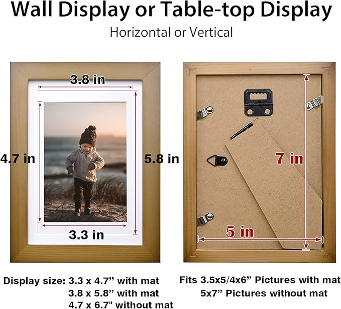 KINLINK 5x7 Picture Frame Brown, Solid Wood Frames with Acrylic Plexiglass for 3.5x5/4x6 with Mat or 5x7 without Mat, Tabletop and Wall Display Photo Frame Set of 4
