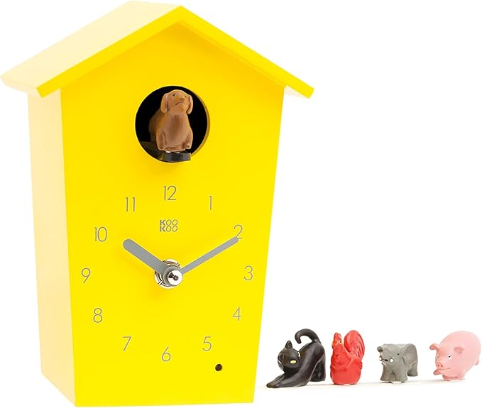 KOOKOO AnimalHouse Yellow, Small Cuckoo Clock with 5 Farm Animals Sounds (Natural Field Recordings)