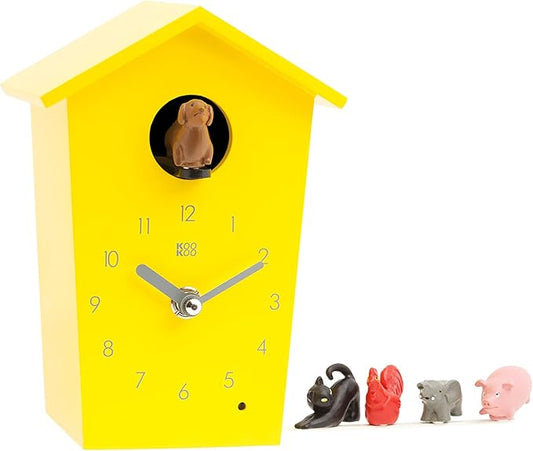 KOOKOO AnimalHouse Yellow, Small Cuckoo Clock with 5 Farm Animals Sounds (Natural Field Recordings)
