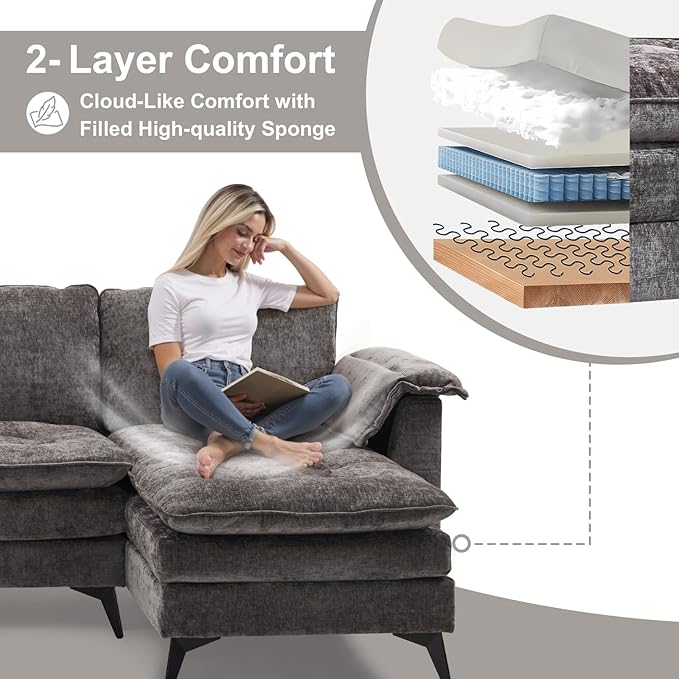VINGLI 129” Oversized L-Shaped Cloud Sectional Sofa, Memory Foam Couch with Reversible Chaise Lounge, Comfy Couch with Double-Layer Deep Seat Cushions, Modern Sofa for Living Room, Chenille, Grey