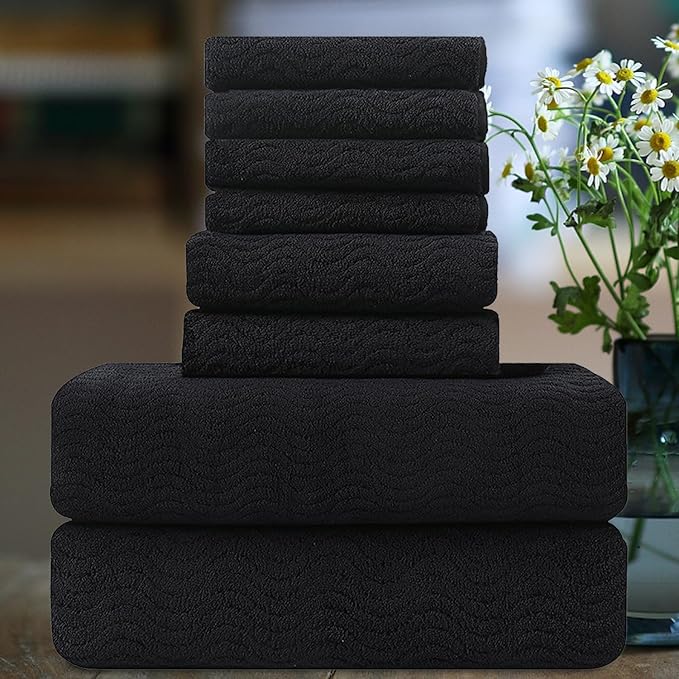Ultra Soft 8 Piece Textured Bath Towel Set for Bathroom Shower Pool, Kitchen, Quick Dry, Lightweight Highly Absorbent - 2 Oversized Bath Towel Sheets, 2 Hand Towels, 4 Washcloths - Black