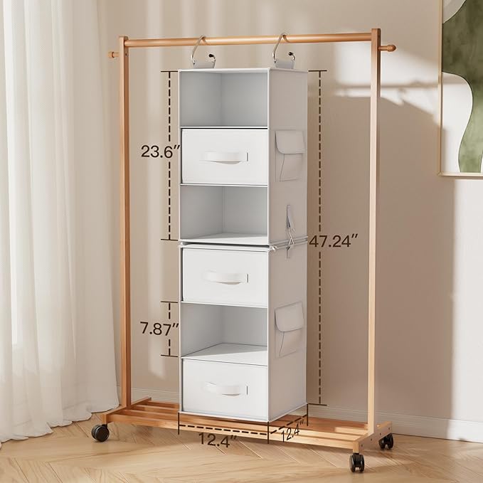 Pipishell 6-Shelf Hanging Closet Organizer, Hanging Shelves with 2 Separable 3-Tier Shelves, Closet Shelves Organizer with 3 Removable Drawers for Wardrobe, Nursery, Baby Clothes Organizer, White