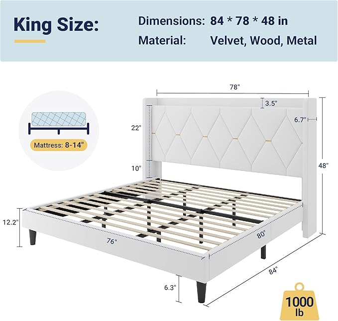 Allewie Velvet King Size Upholstered Bed Frame with Wingback Storage Headboard & Charging Station, Platform Bed with Diamond Tufted Design & Gold Trim, No Box Spring Needed, Easy Assembly, White