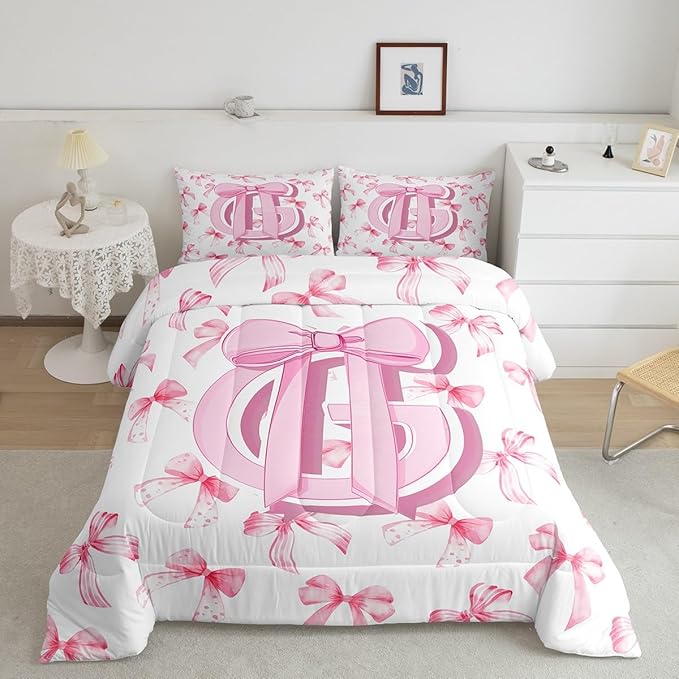 jejeloiu Kids Girls Cute Pink Bow Comforter Set King Size Monogrammed Bedding Set Ultra Soft Personalized Initial G Duvet Quilt Coquette Bow Knot Quilt Set Room Decor Modern Fashion Comforter