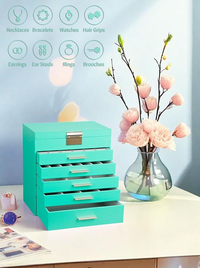 BOOVO Jewelry Box with Necklace Hanger – 6 layer Jewelry Organizer for Women with 5 Drawers, Large Jewelry Storage Boxes –Jewelry Organizers and Storage for Earrings, Necklaces (Turquoise, 6 layer)