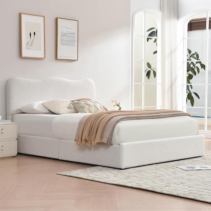 VELOCAVA King Size Storage Bed with 4 Drawers, Modern Upholstered Bouclé-Textured Platform Frame with Curved Headboard, Rounded Corners, Wood Slats, No Box Spring Needed, Cream White