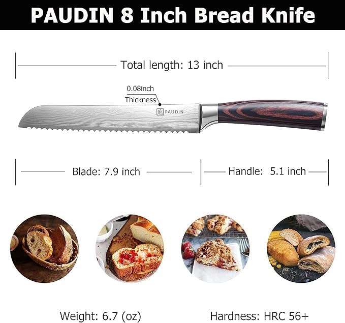 PAUDIN Bread Knife 8", Ultra Sharp Knife Wave Edge - Forged Premium German HC Stainless Steel, Serrated Bread Knife for Homemade Bread and Sourdough Bread, Pakkawood Handle