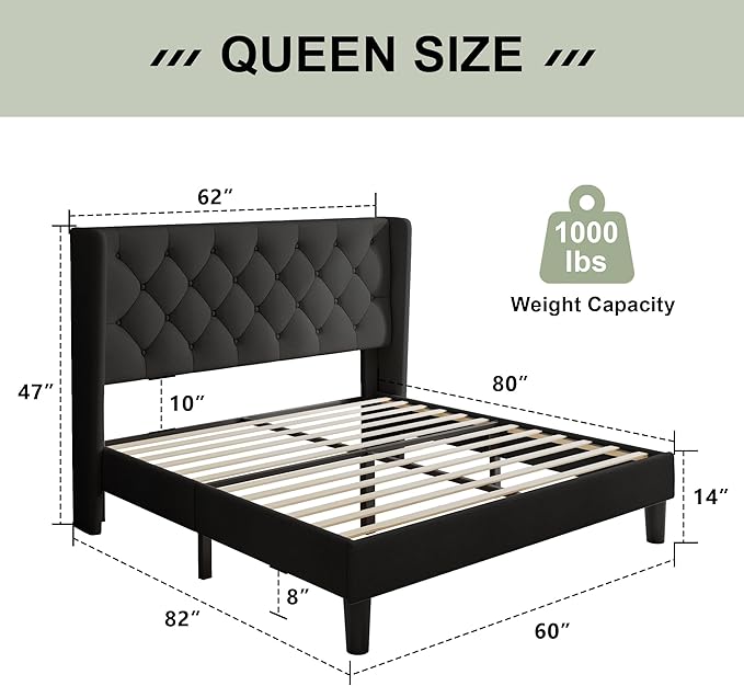 Feonase Queen Bed Frame with Upholstered Wingback Headboard, Platform Bed and Heavy Duty Wooden Slats Support, Easy Assembly, Noise-Free, No Box Spring Needed, Black