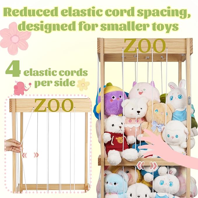 Trycooling Stuffed Animal Zoo Stuffed Animal Storage Wood Plushie Storage Stuffed Animals Zoo Storage Cage with Zoo Pattern Elastic Band for Nursery Play Room Bedroom (Wood)
