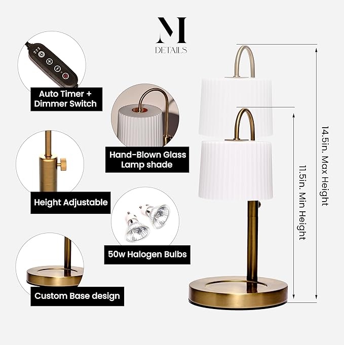 Dimmable Glass Candle Warmer Lamp with Timer - Adjustable Height Candle Lamp Warmer with Timer (8H/4H/2H) - Wax Melter - Ideal Gift, fits Various Size Scented Candles - 02 Bulb - (Gold Metal)