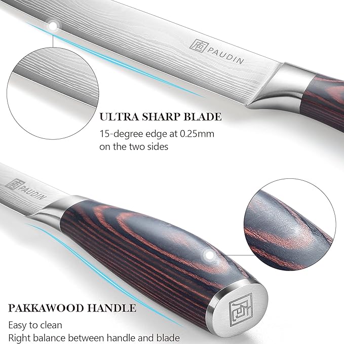 PAUDIN 8-Inch Carving Knife - Ultra Sharp Brisket Slicing Knife, Premium German Stainless Steel With Ergonomic Handle for BBQ, Roast, Meats and Vegetables