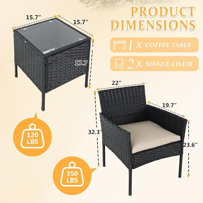 3 Pieces Patio Furniture Set, Outdoor Conversation Sets, Wicker Rattan Chairs for Garden Backyard Balcony Porch Poolside, Set with Glass Table and Soft Cushions (Black+Beige)